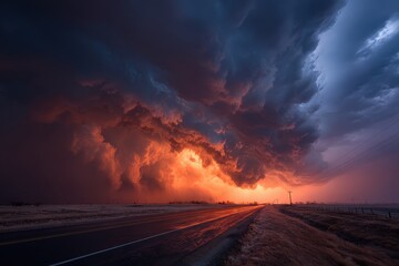 Dark storm clouds loom over rural landscape with dirt road and vast grasslands in Montana during the summer