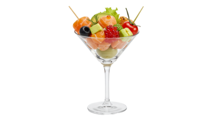 Close up of a martini glass filled with salmon avocado and other colorful food items on a transparent background