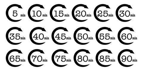 Countdown concept with stopwatch icon set from 1 to 90 minutes. Vector  illustration. 