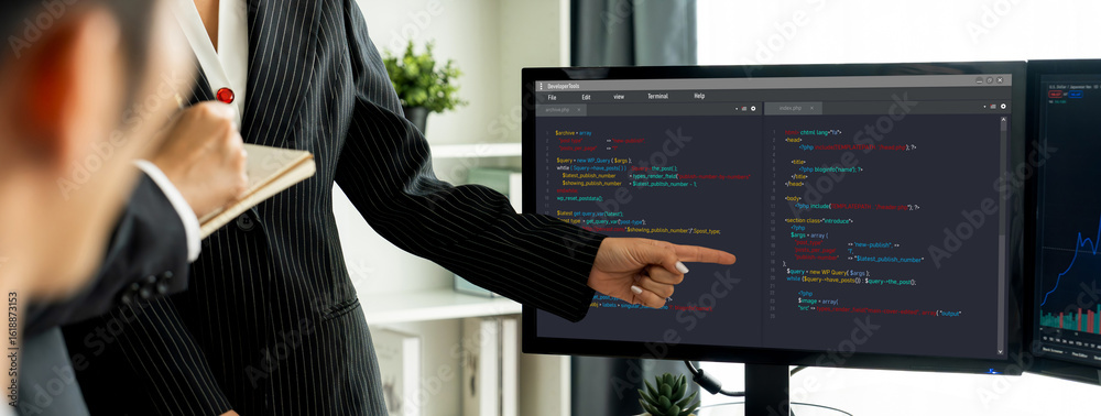 Poster software development programming on computer screen for brisk application and program coding
