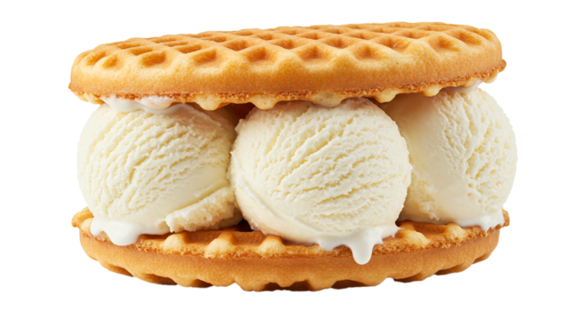 A close up of a waffle ice cream sandwich with three scoops of vanilla ice cream filling it perfectly