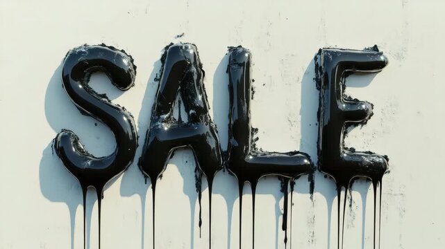 Dripping black paint on sale sign captures dynamic urban art transformation