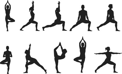 Cad Drawing Flat Vector Illustration, Yoga Poses Silhouettes, Fitness Exercise Sequence, Meditation and Balance, Wellness, Black and White Style