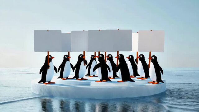 Penguins unite for a peaceful protest on ice, holding blank signs in unity