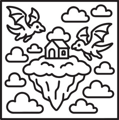 Fantasy Cozy Retreat – Bold Line Art Coloring Page with Magical Elements