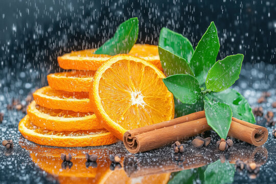 Sliced orange wedges decorated with dried cloves and cinnamon sticks, dusted with powdered sugar. Warm, festive composition perfect for culinary and seasonal themes.