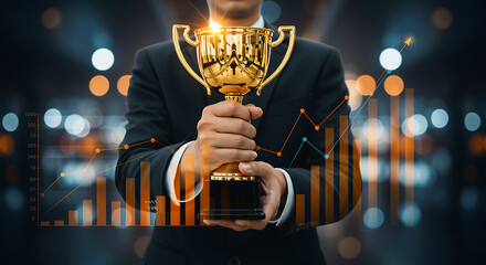 A businessman holding a golden trophy with financial charts symbolizes success, achievement, and business growth