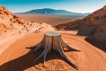 A Weathered Wooden Stump in a Vast Desert Landscape