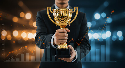 A man proudly holds a golden trophy, symbolizing business success and achievement against a backdrop of financial growth charts