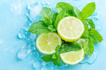 Top view of fresh lime slices decorated with mint leaves, placed on ice cubes. Refreshing and vibrant summer-themed composition.