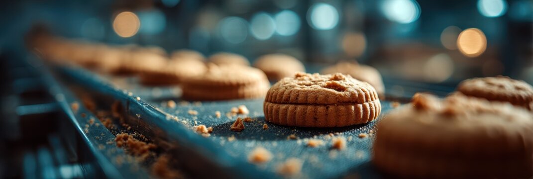 Freshly baked cookies cooling on a conveyor belt in a bakery during the evening hours