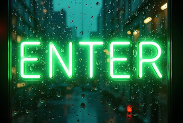 Green neon enter sign illuminated through rainy window