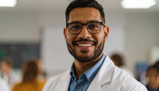 Science teacher teaching the class, 300 dpi, widescreen 16:9, with free space for text