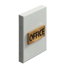 Isometric view of a white door with a gold office sign attached to it