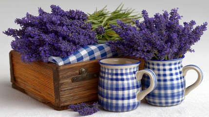 Lavender Flowers In Wooden Box, Pitchers