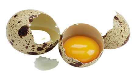 A cracked quail egg with a bright yellow yolk and speckled shell on a black background close up on transparent background