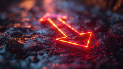 Glowing neon red arrow pointing down on wet asphalt. Futuristic signage design perfect for tech interfaces, urban art, or cyberpunk visuals.