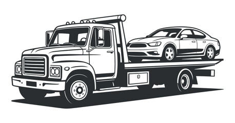 Fototapeta premium Detailed Vector Illustration of a Tow Truck with Car on Flatbed, Ideal for Automotive Services and Emergency Roadside Assistance Designs
