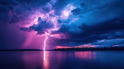 A powerful lightning strike illuminates the night sky with vibrant colors and dramatic clouds reflecting on the calm water below.