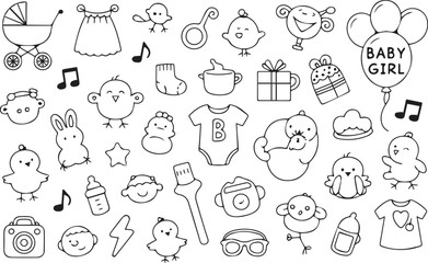 A collection of baby themed doodles including a stroller, birds, and baby girl balloons