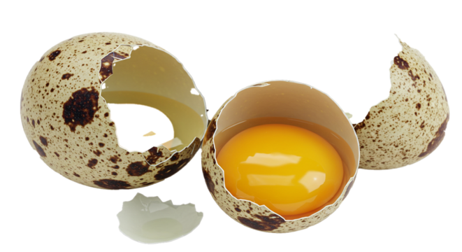 A cracked quail egg with a bright yellow yolk and speckled shell on a black background close up on transparent background
