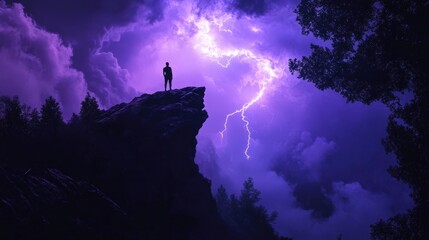 A solitary figure stands on a rocky cliff under a dramatic purple sky filled with lightning, capturing a moment of awe and wonder.