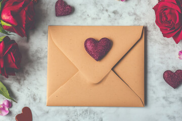 Top view of a handwritten love letter in an envelope, surrounded by roses, with a soft glittering heart placed on top of the envelope.