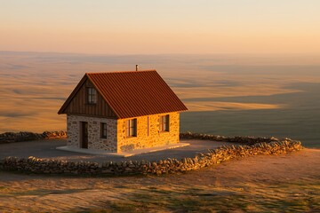 A Secluded Stone House on a Vast, Open Plain at Sunset