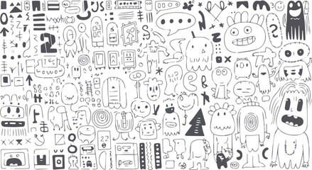 Fototapeta premium A whimsical collection of hand drawn doodles and characters in black and white illustration style