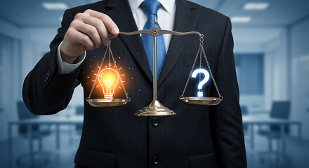 A businessman holds scales balancing an illuminated lightbulb representing an idea against a question mark, illustrating the decisionmaking process between innovation and uncertainty