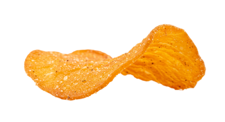 A single potato chip with seasoning isolated on a black background in a horizontal orientation on transparent background