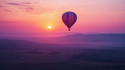 Fototapeta premium A colorful hot air balloon floats above a beautiful landscape during a stunning sunset with pink and orange skies.
