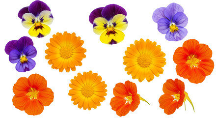 A collection of pansies calendula and nasturtium flowers on a black background isolated image on transparent background