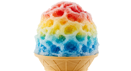 A close up of a colorful snow cone in a waffle cone against a black background in a studio shot on transparent background