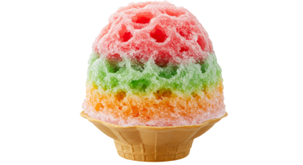 A colorful shaved ice dessert with red green and orange layers in a waffle cone on black background on transparent background