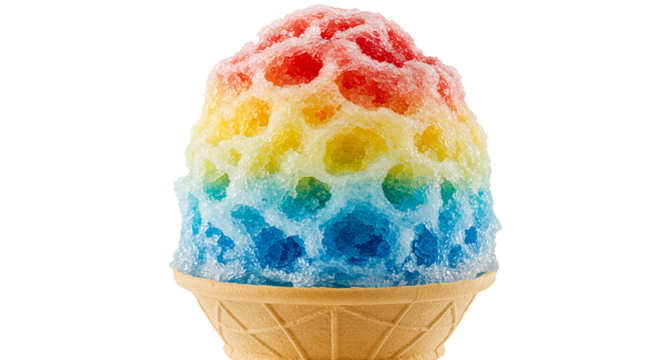 A close up of a colorful snow cone in a waffle cone against a black background in a studio shot on transparent background