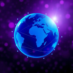 A blue globe surrounded by a network of connections shines brightly against a purple bokeh background, representing global communication and technology