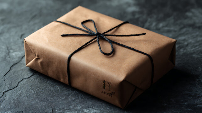 Brown paper wrapped gift tied with black twine on dark textured surface present kraft paper