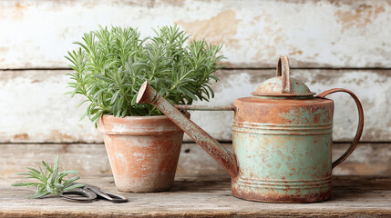 Lavender Plant, Watering Can, On Wood