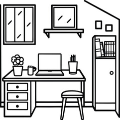 dorm room with tidy desk posters and mug