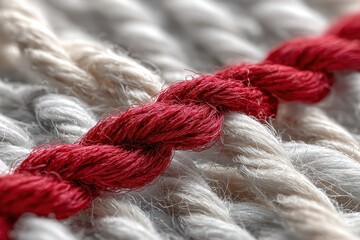 Macro shot shows close-up of red thread with knots across soft blue wool fabric with fluffy white accents during the daytime