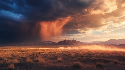 Dramatic Sunset Over Desert Landscape with Dark Clouds and Rainfall