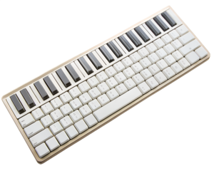 A compact white and silver midi keyboard controller with music keys, isolated on transparent background