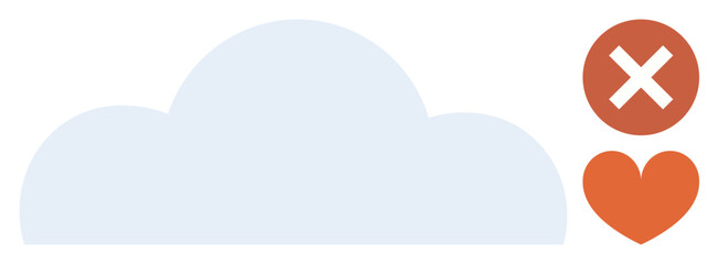 Blue cloud flanked by a red heart and a cross sign. Ideal for concepts thumbs up decision-making, online interaction, user preferences, cloud storage, approval process, emotional choices