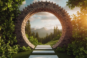Mystical Stone Archway Leading to Serene Mountain Vista