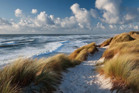 Sandy path leading to the beach with rough seas and dark clouds during the day in North Frisia, Germany