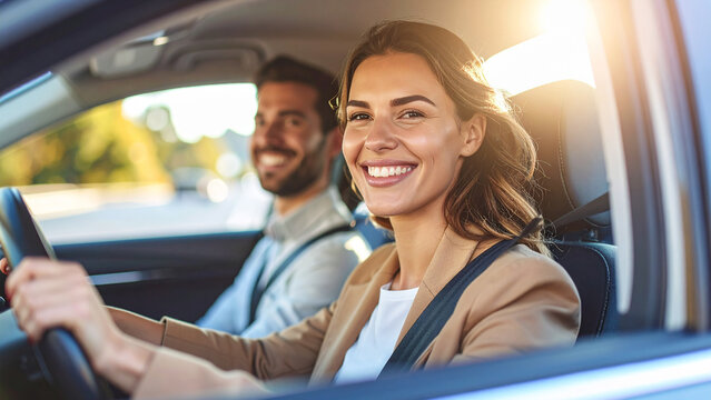 A female app car driver and her passenger, 300 dpi, widescreen 16:9, with free space for text