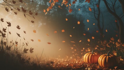 Enchanting Autumnal Scene with Two Pumpkins in a Mystical Forest