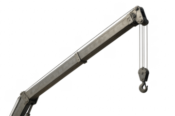 Crane arm extending with hook hanging on transparent background