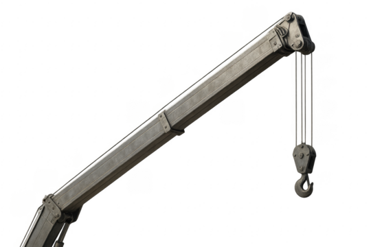 Crane arm extending with hook hanging on transparent background